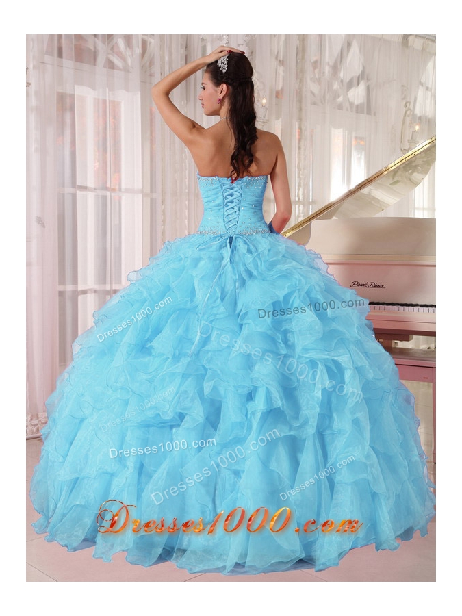 Light Blue Ball Gown Strapless Ruffles Organza Beading Cheap Quinceanera Dress
