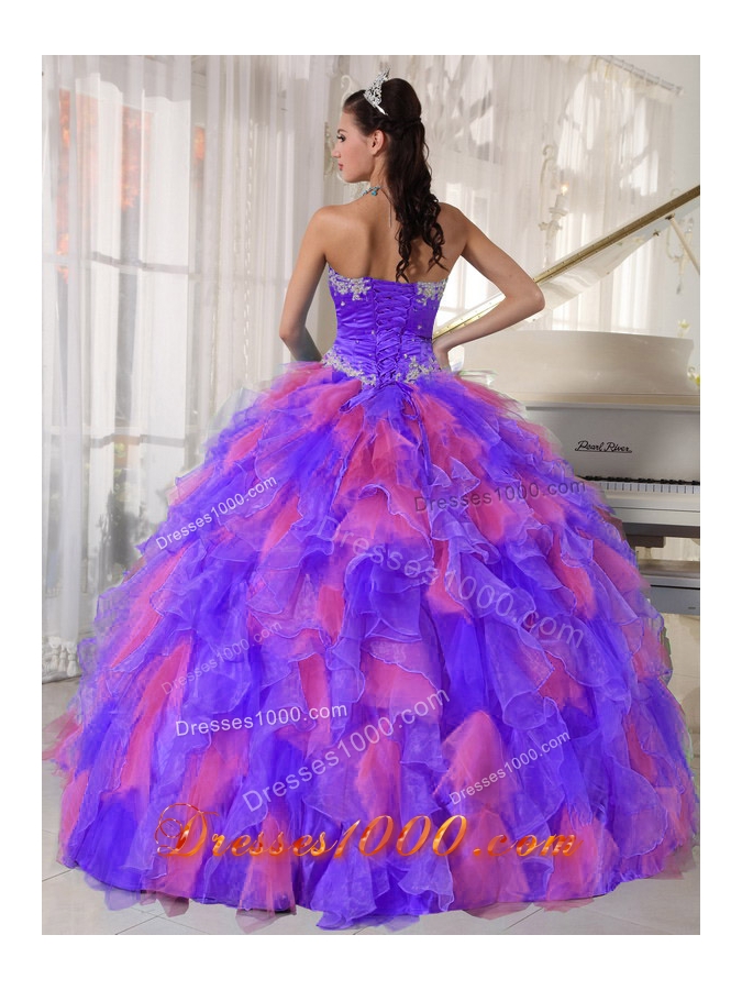 Multi-color Sweetheart Organza Appliques Decorate Fashionable Quinceanera Dress