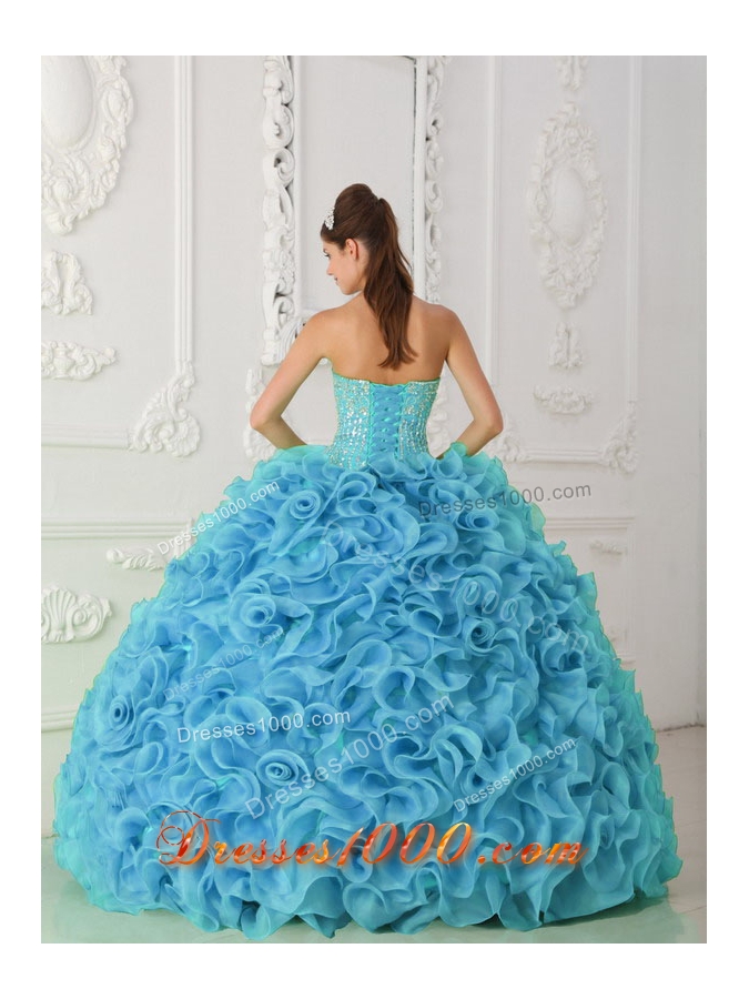 Organza Ball Gown Strapless Beading Blue 2013 Quinceanera Dress with Ruffles
