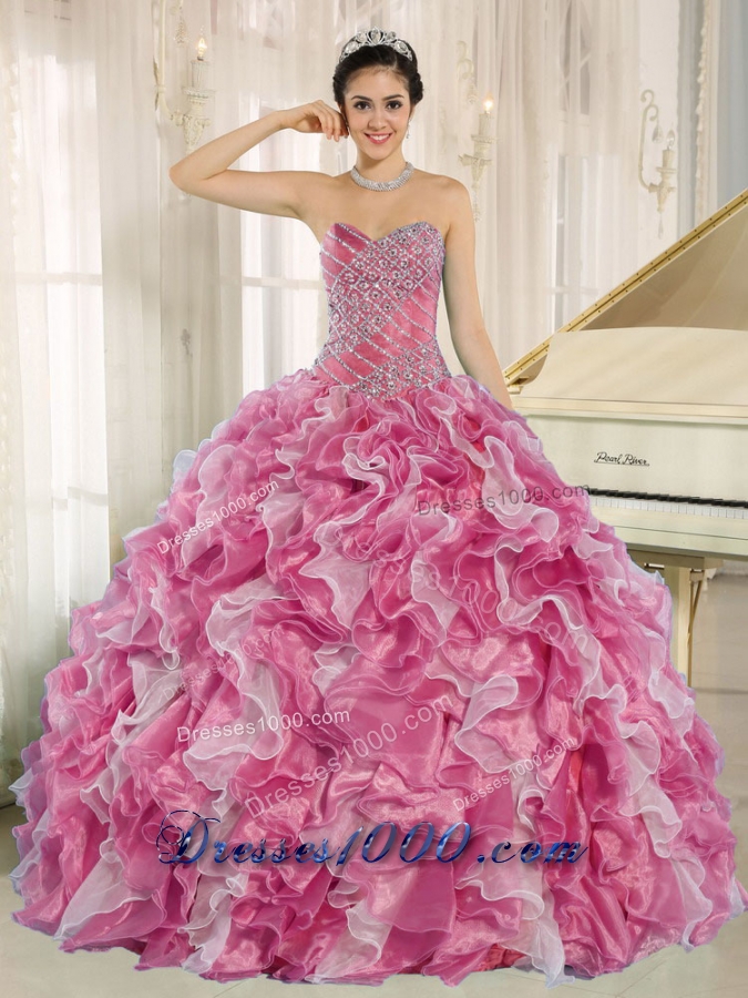 Pink Beaded Bodice and Ruffles Custom Made For 2013 Elegant Quinceanera Dress