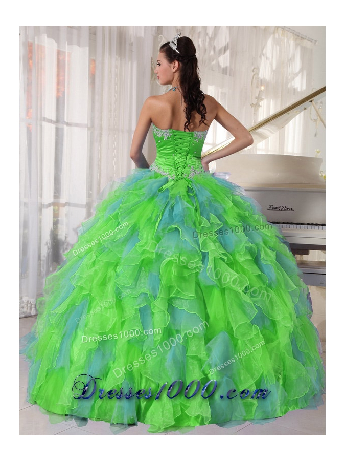 Spring Green and Blue Organza Appliques and Ruffles 2013 Quinceanera Dress