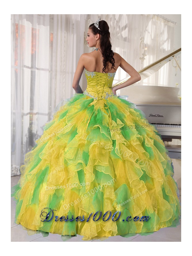 Ball Gown Appliques and Ruffles Organza Long Multi-Colored Quinceanera Dress