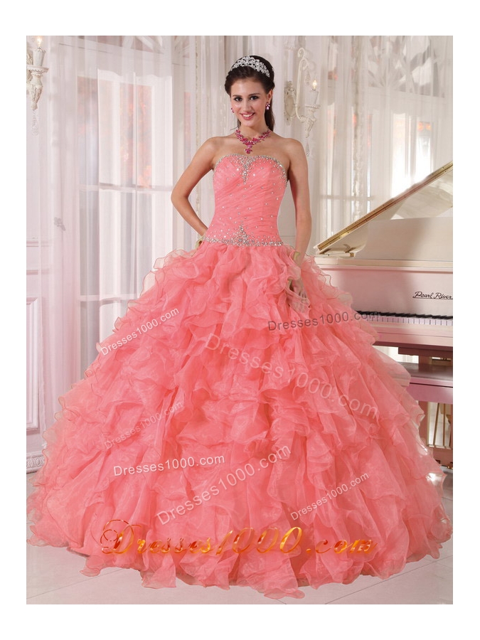 Ball Gown Strapless Floor-length Organza Beading Most Popular Quinceanera Dress with Watermelon Red