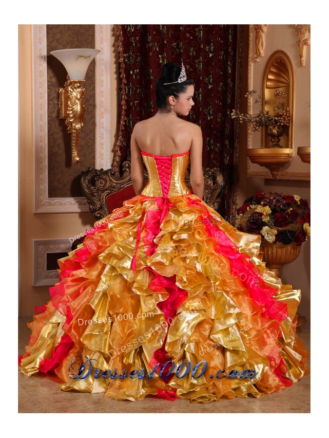 Ball Gown Strapless Floor-length Organza Embroidery Gold New Style Quinceanera