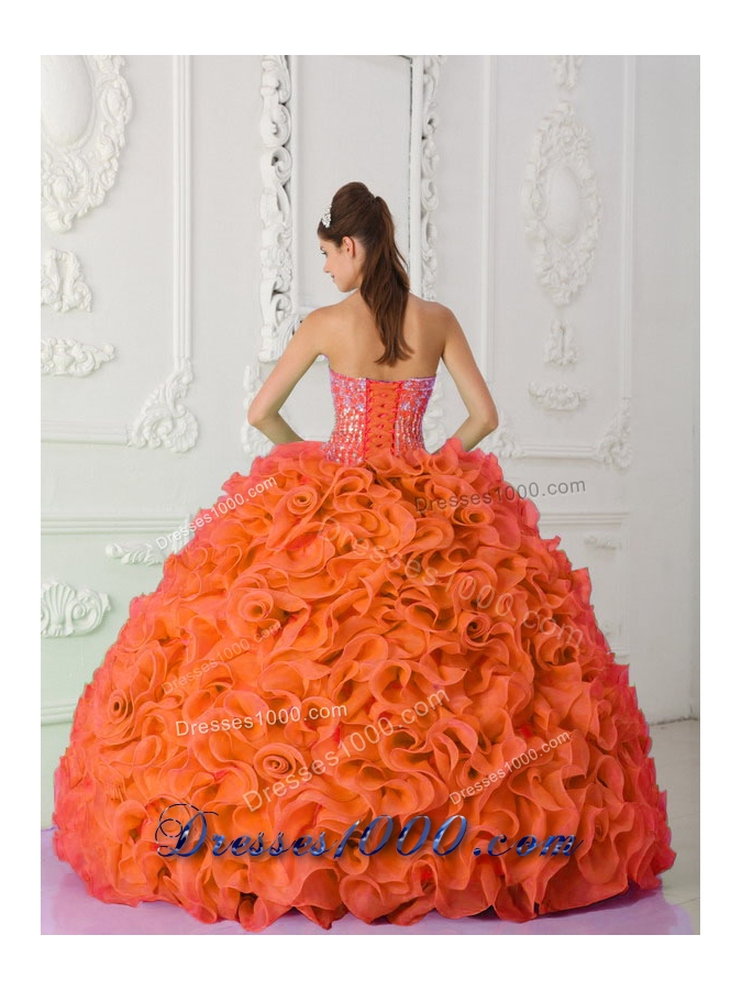 Ball Gown Strapless Organza Beading Orange Red New Style Quinceanera Dress