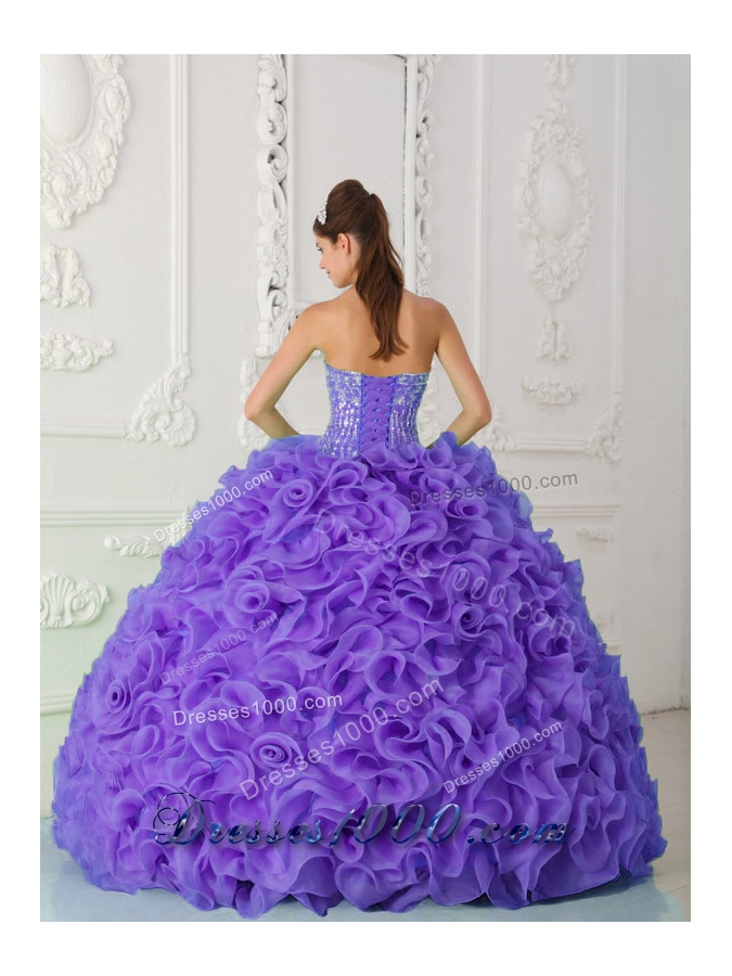 Ball Gown Strapless Organza Purple Sweet Fifteen Dress with Beading and Ruffles