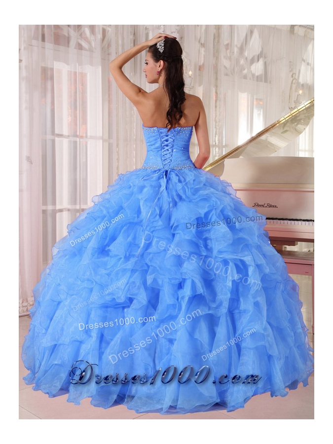 Ball Gown Strapless Ruffles and Beading Floor-length Organza Beading Blue New Style Quinceanera Dress