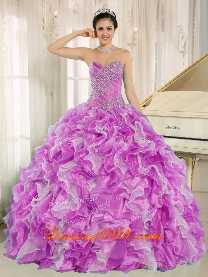 Beaded and Ruffles Lilac and White Most Popular Quinceanera Dress for Custom Made