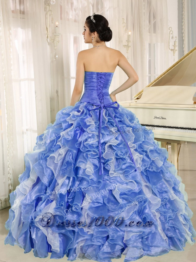 Beaded Bodice and Ruffles Custom Made Blue and White Multi-Colored Quinceanera Dress