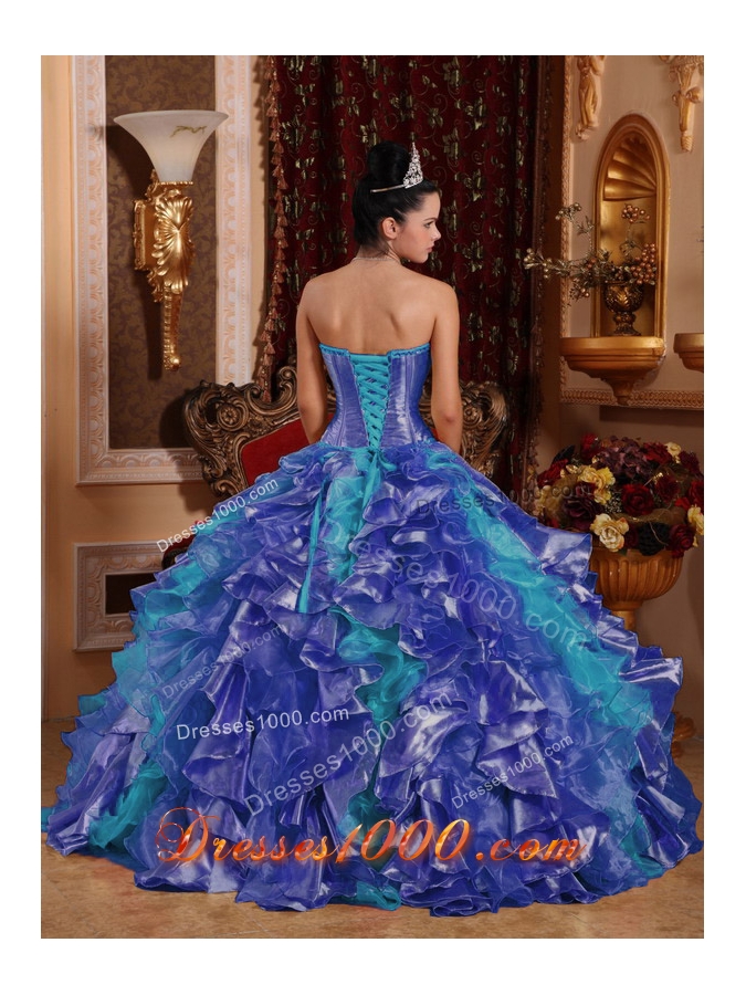Cheap Ball Gown Blue Quinceanera Dress 2014 with Strapless Floor-length Organza Embroidery