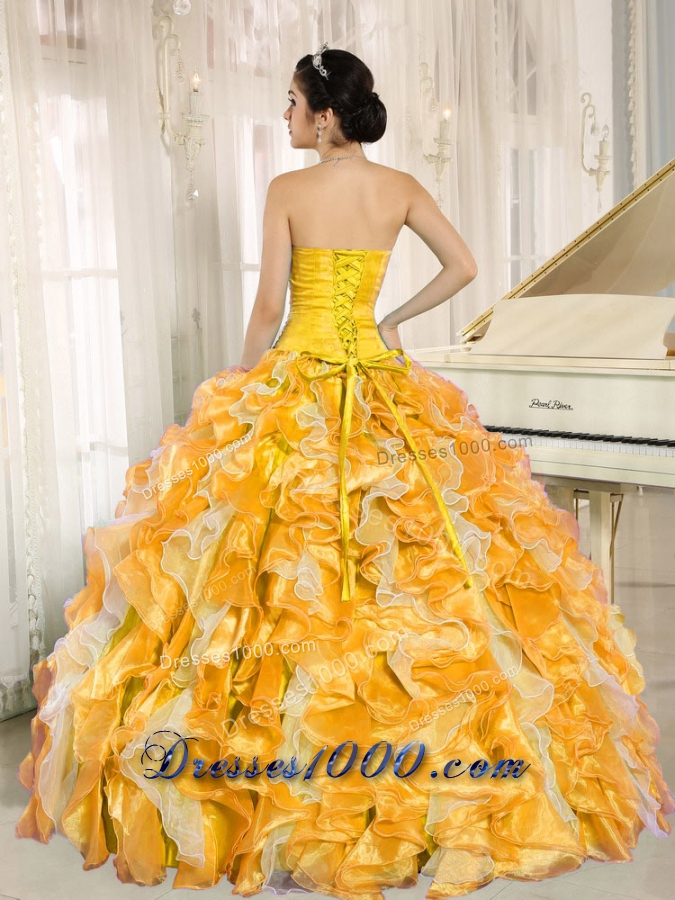 Custom Made For 2013 Yellow Multi-Colored Quinceanera Dress with Beaded and Ruffles