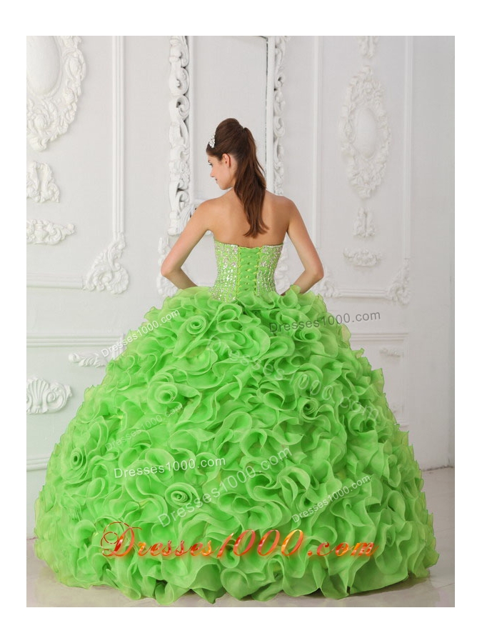 Organza Spring Green Ball Gown Strapless Sweet Sixteen Dress with Beading