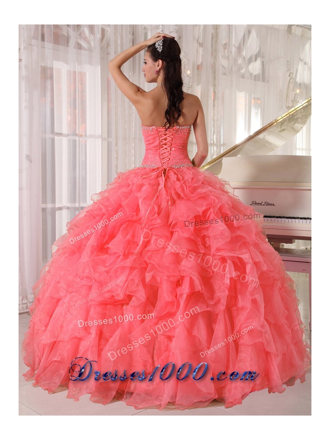 Popular Strapless Watermelon Red Ruffles Beading Sweet Fifteen Dress for 2014
