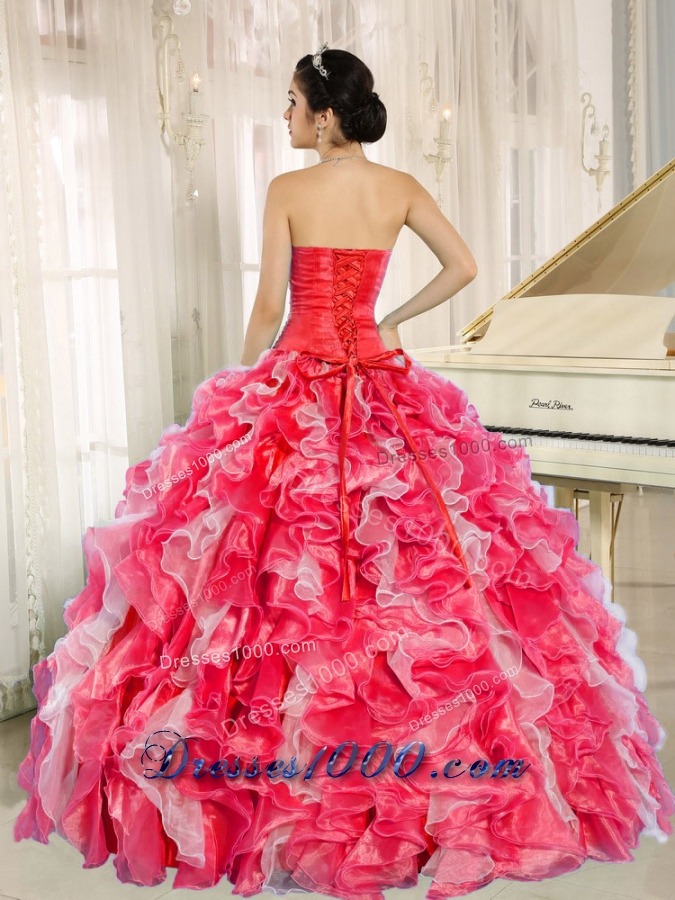 Red and White New Style Quinceanera Dress with Beading and Ruffles for Custom Made
