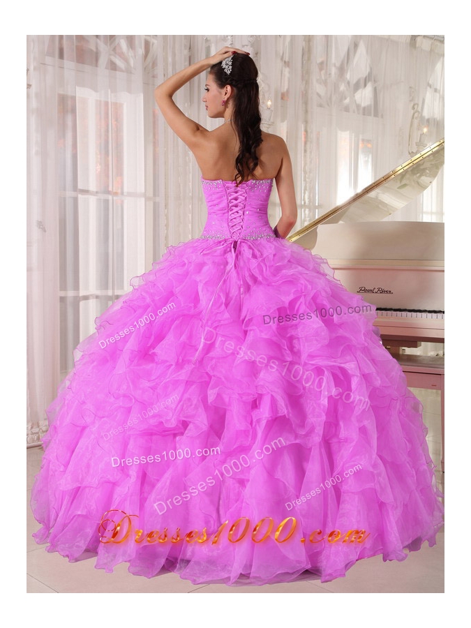 Sweet Ball Gown Strapless Ruffles Organza Pink Fuchsia Vestidos de Quinceanera Dress