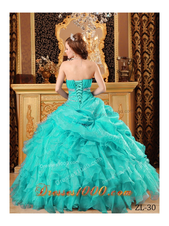 2014 Exclusive Turquoise Ball Gown Beading Quinceanera Dress with Ruffles
