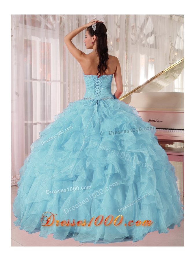 2014 Low Price puffy Aqua Blue Quinceanera Dress with Beading and Ruffles
