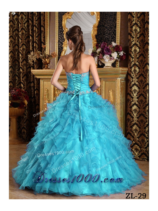 2014 Popular Aqua Blue Ball Gown Sweetheart Ruffles Quinceanera Dress with Beading