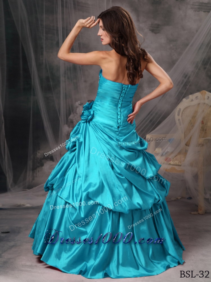 Aqua Blue Princess Strapless Floor-length Taffeta Beading Quinceanera Dress