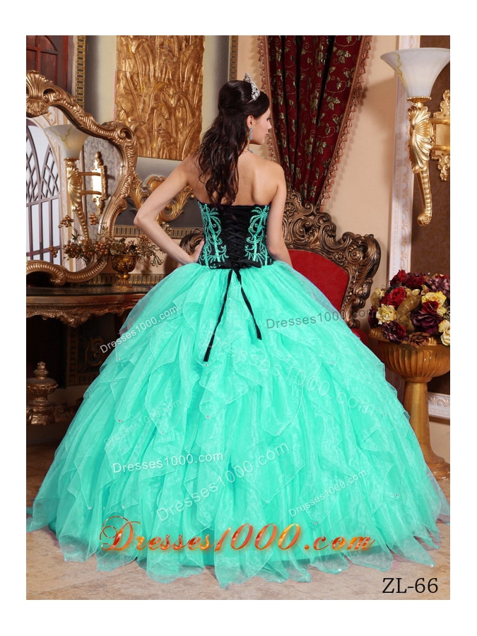 Aqua Blue Sweetheart Organza Embroidery Quinceanera Dress with Beading