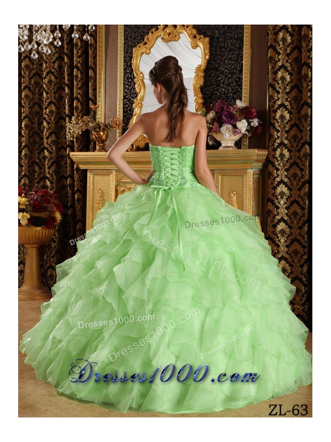Beautiful Apple Green Ball Gown Strapless with Embroidery and Ruffles Quinceanera Dress