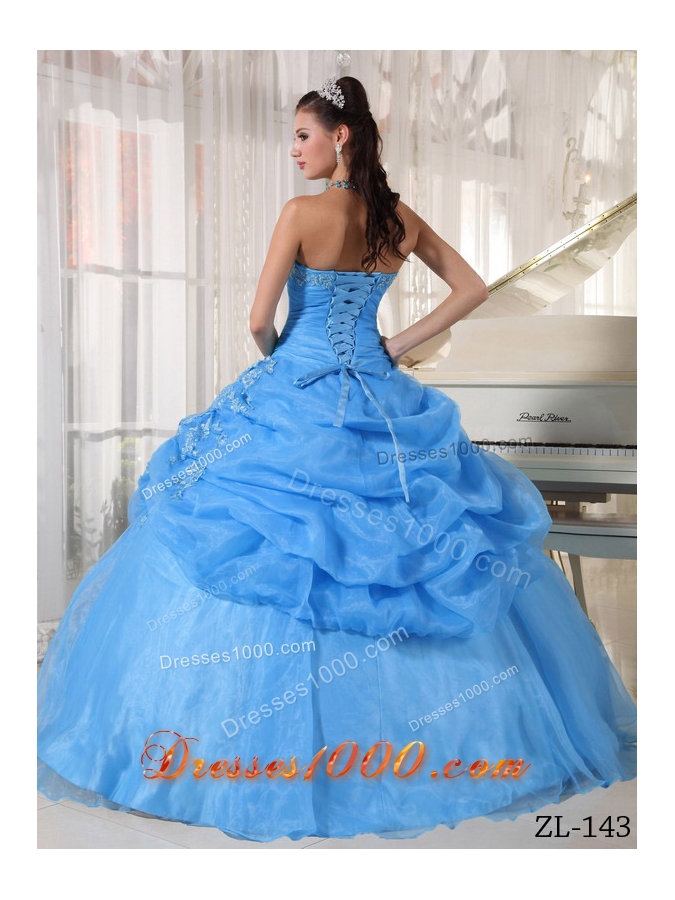Aqua Blue Ball Gown Strapless Floor-length Quinceanera Dress with Organza Appliques