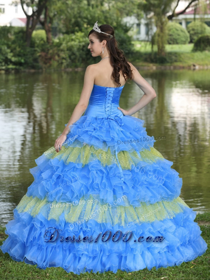 2014 Beaded Sequins Multi-color Strapless Sweet Quinceanera Dress with Ruffled Layers