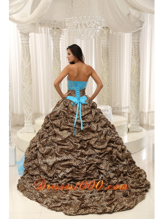 2014 Leopard and Organza Beading Decorate Sweetheart Neckline Quinceanera Dress