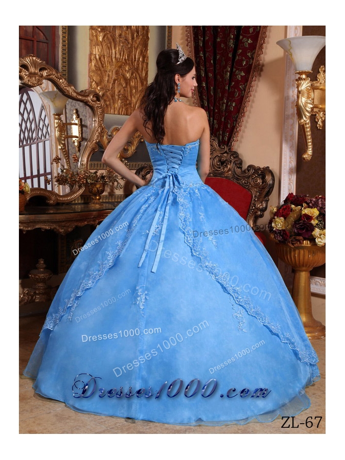Aqua Blue Ball Gown Strapless Floor-length Quinceanera Dress with Organza Appliques