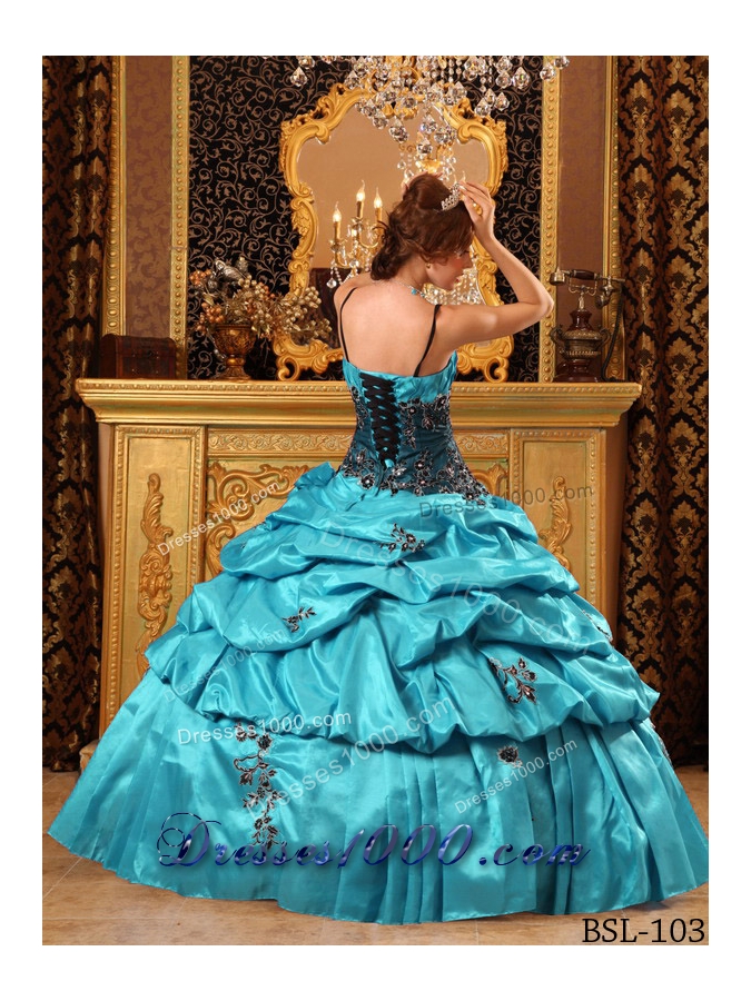 Aqua Blue Ball Gown Straps Floor-length Quinceanera Dress with Taffeta Appliques