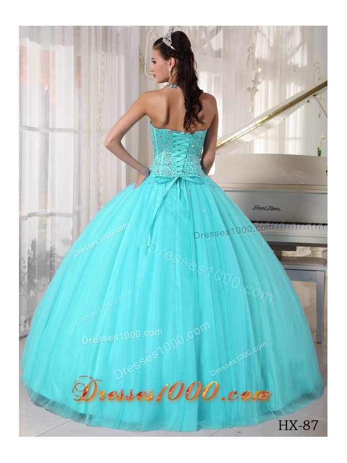Aqua Blue Ball Gown Sweetheart Floor-length Quinceanera Dress with Tulle Beading