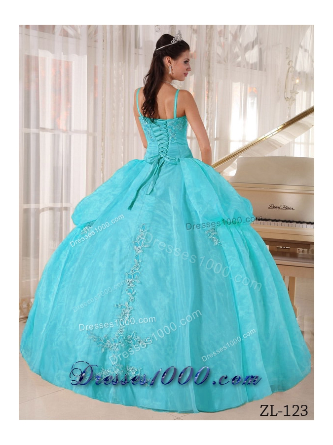 Aqua Blue Spaghetti Straps Taffeta and Organza Quinceanera Dress with Appliques