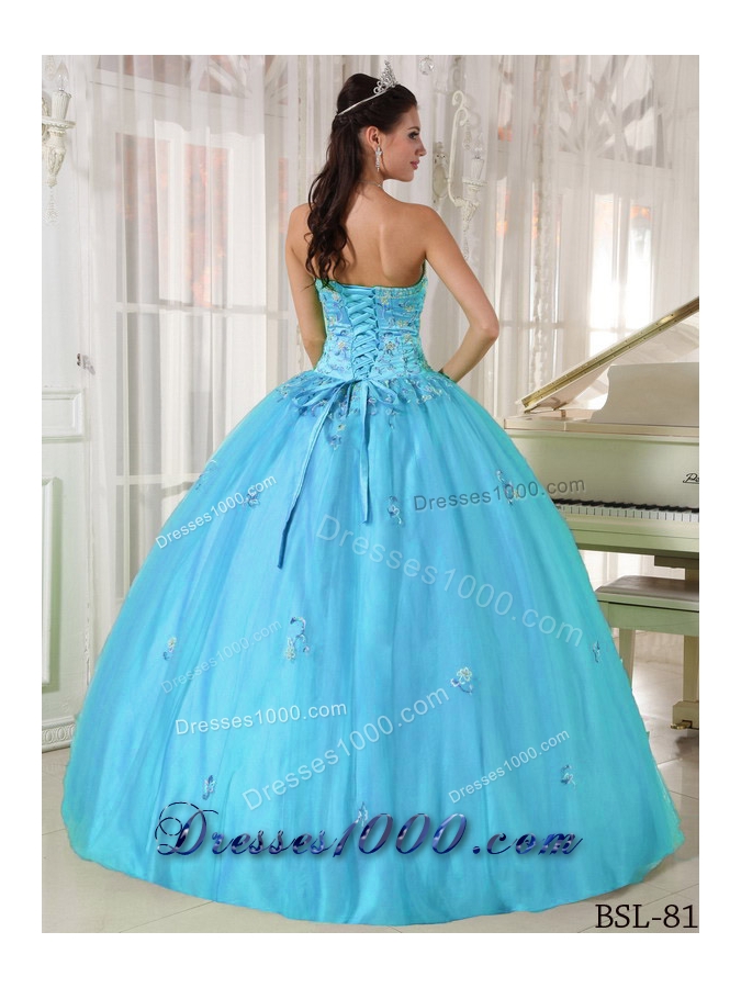 Aqua Blue Strapless Floor-length Taffeta and Tulle Quinceanera Dress with Appliques