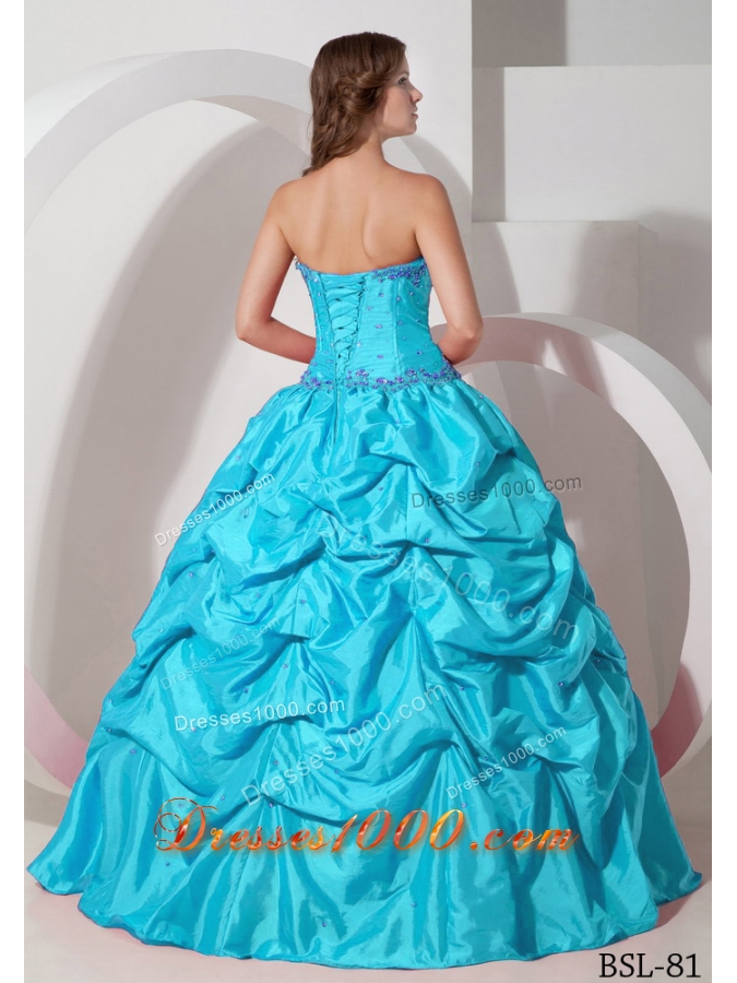 Aqua Blue Strapless Floor-length Taffeta Ruching Quinceanera Dress