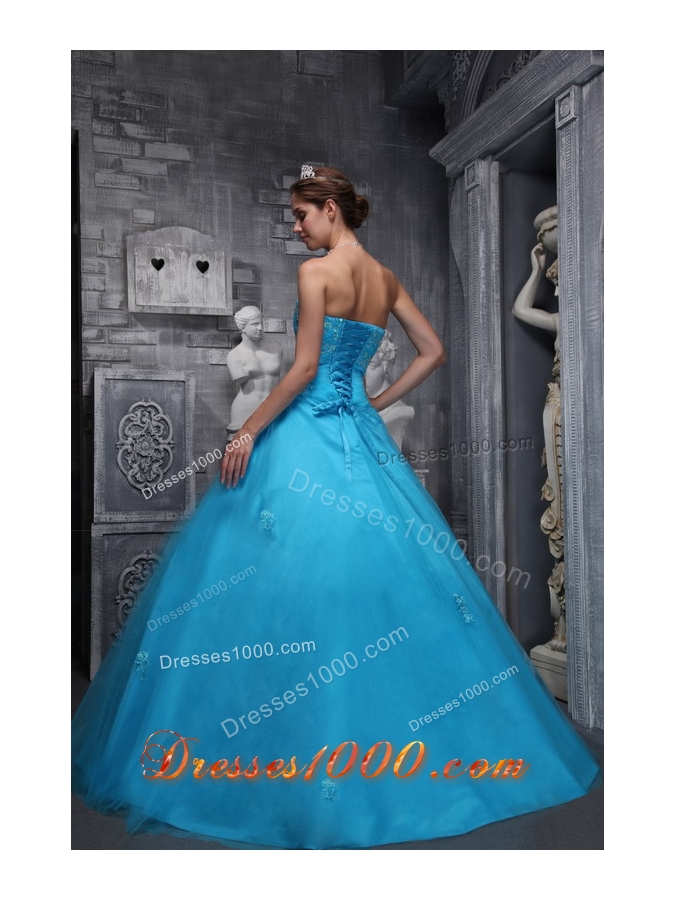 Aqua Blue Sweetheart Quinceanera Dress Taffeta Tulle Beading Appliques