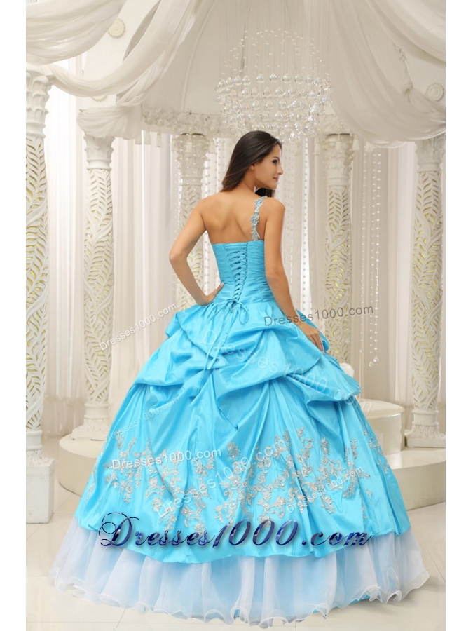 Aqua One Shoulder Embroidery Decorate Quinceanera Dress With Organza