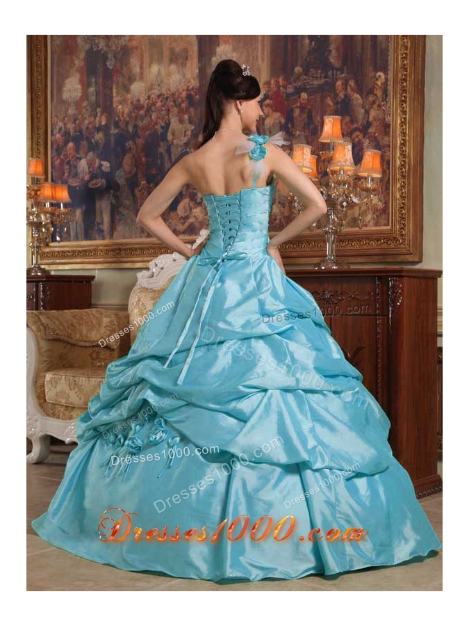 Baby Blue Ball Gown One Shoulder Quinceanera Dress with Hand Flowers Taffeta