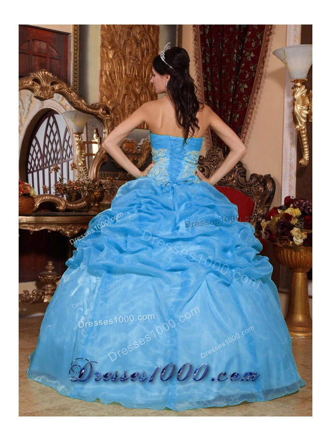 Baby Blue Ball Gown Strapless Quinceanera Dress with Organza Appliques