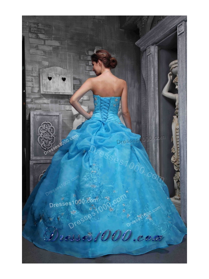 Beautiful Strapless Taffeta Quinceanera Dress with Organza Appliques Aqua Blue