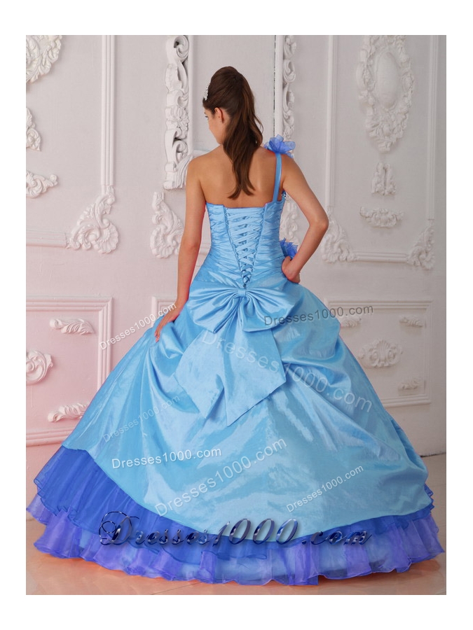 Blue Ball Gown One Shoulder Quinceanera Dress with Taffeta Beading Hand Flower