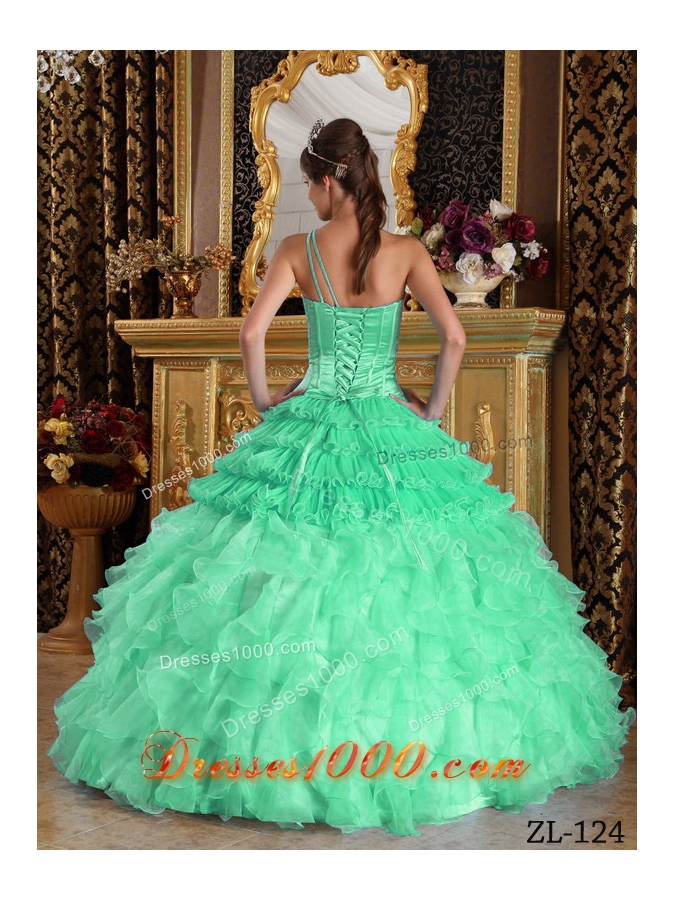 Elegant Apple Green One Shoulder Ball Gown with Beading Quinceanera Dress