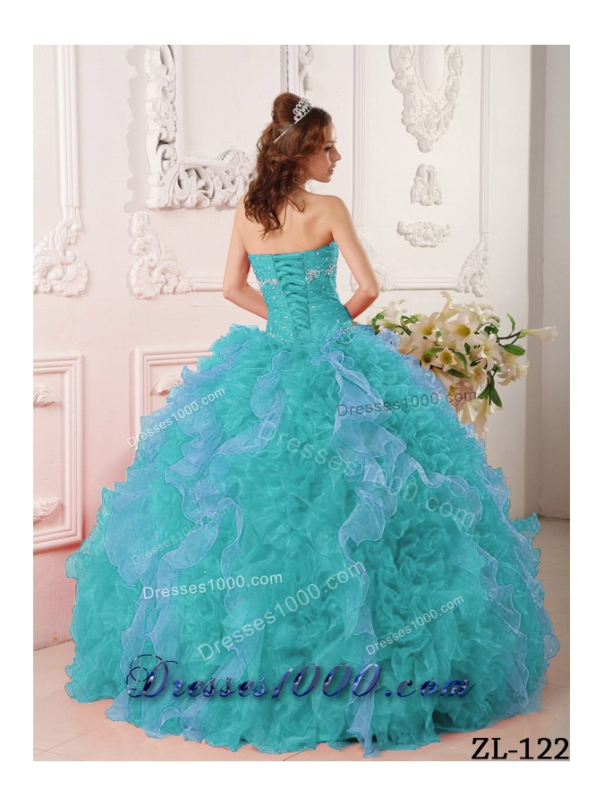 Inexpensive Turquoise Ball Gown Sweetheart Appliques Quinceanera Dress with Beading