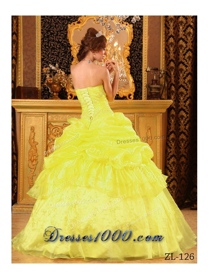 Organza Strapless Appliques and Pick-ups for Yellow Sweet 15 Dresses