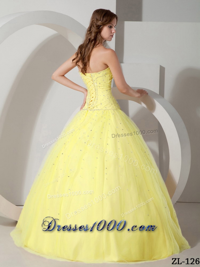 Princess Strapless Tulle Yellow Quinceanera Dress with Beading