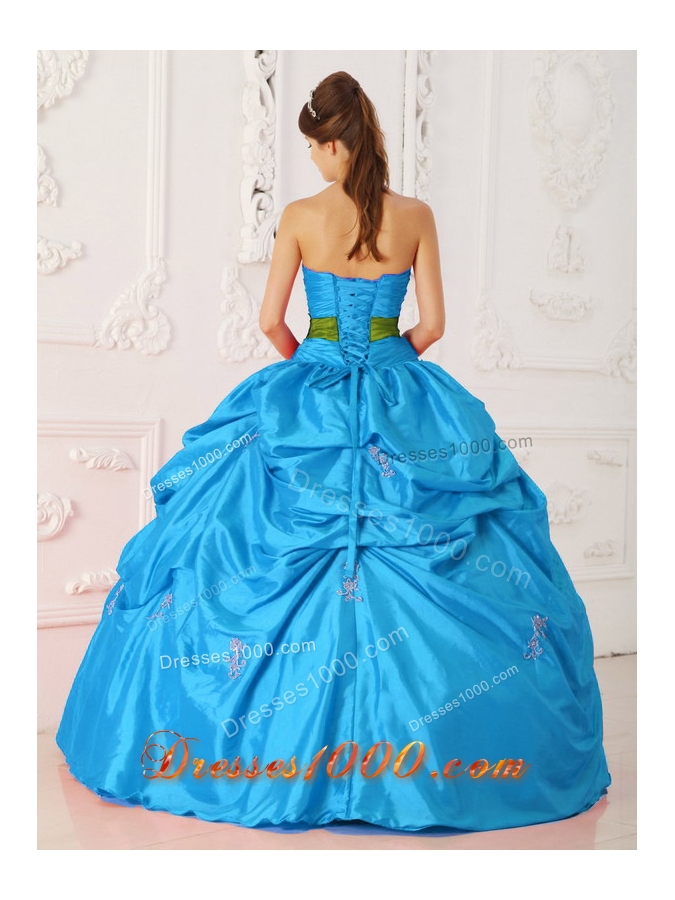 Teal Ball Gown Strapless Quinceanera Dress with Taffeta Beading Sash