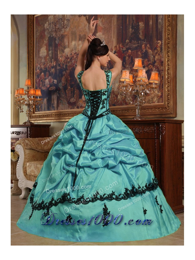 Turquoise Ball Gown Straps Quinceanera Dress with Appliques Taffeta