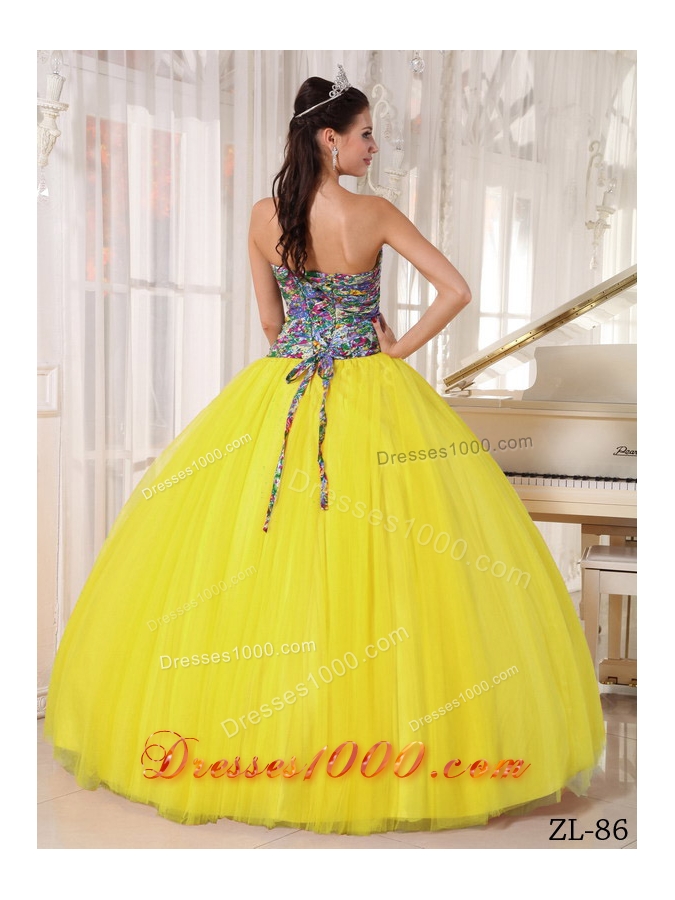 Yellow Strapless Printing Sequined Sweet 15 Dresses with Bow Knot