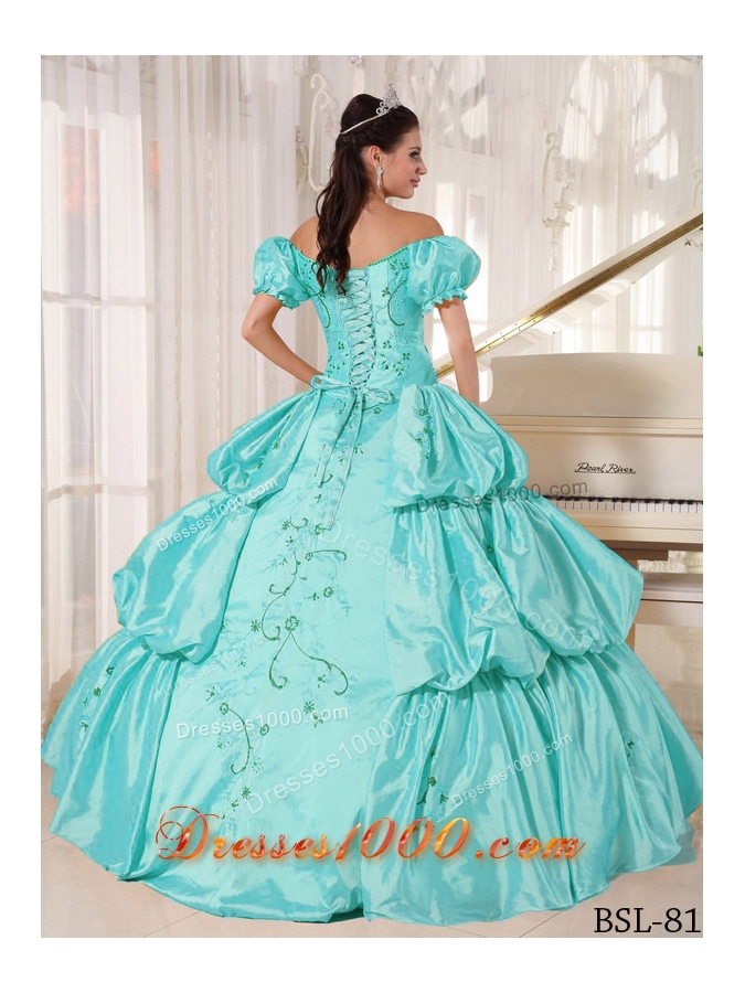 2014 Aqua Blue Off The Shoulder Embroidery Quinceanera Dress with Cap Sleeves