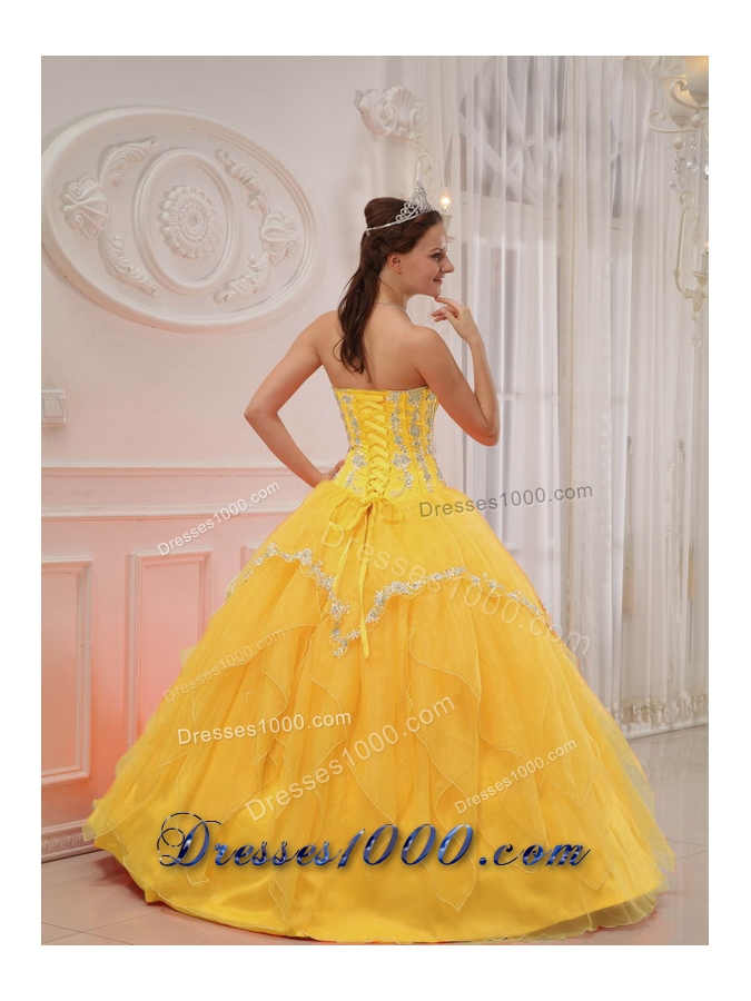 Appliqued and Ruffled Yellow Quinces Dresses Sweetheart Organza