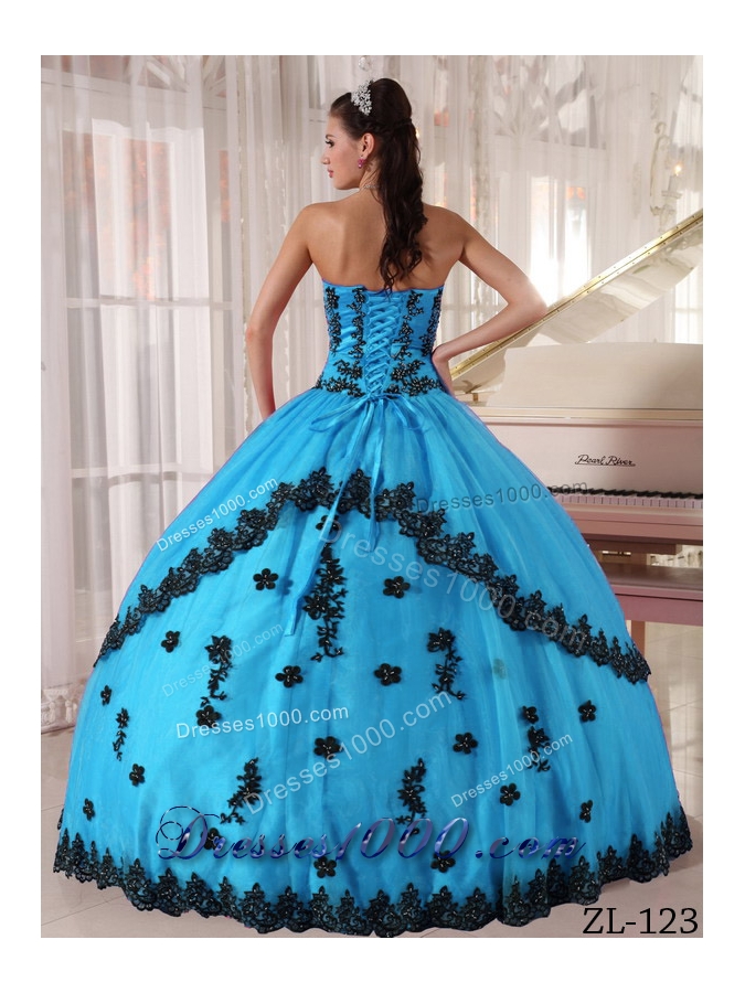 Aqua Blue Ball Gown Strapless Floor-length Quinceanera Dress with Appliques